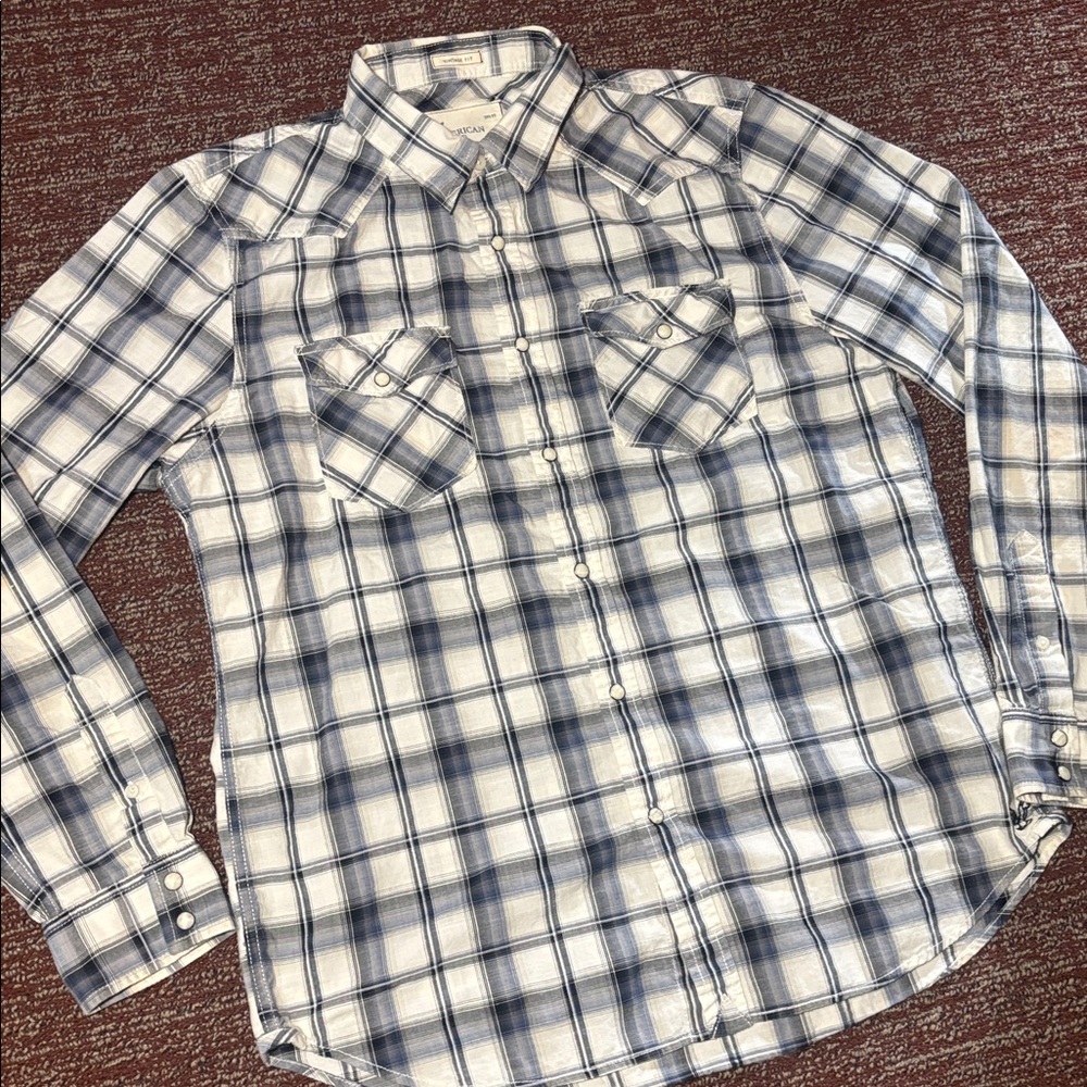 Vintage American Eagle Men’s plaid 100% cotton western pearl snap long sleeve L